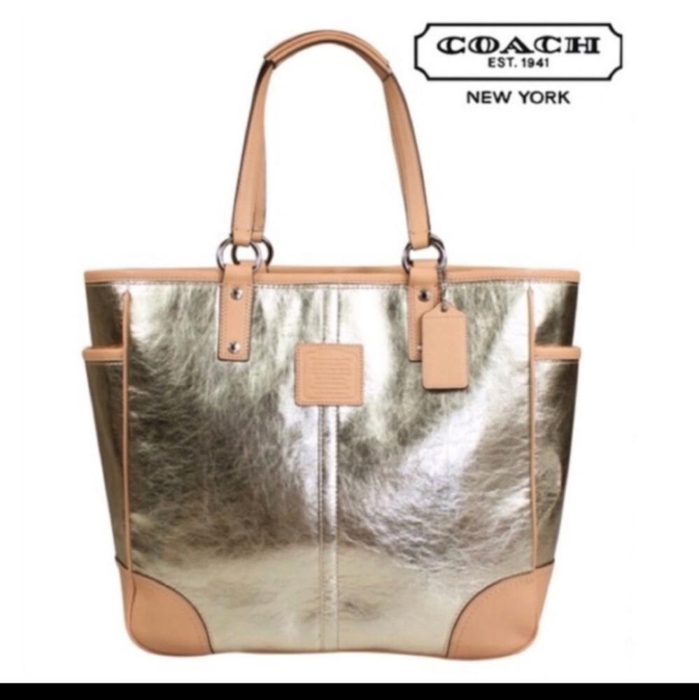 Coach Metallic Gold Leather Tote Bag with Tan Trim
